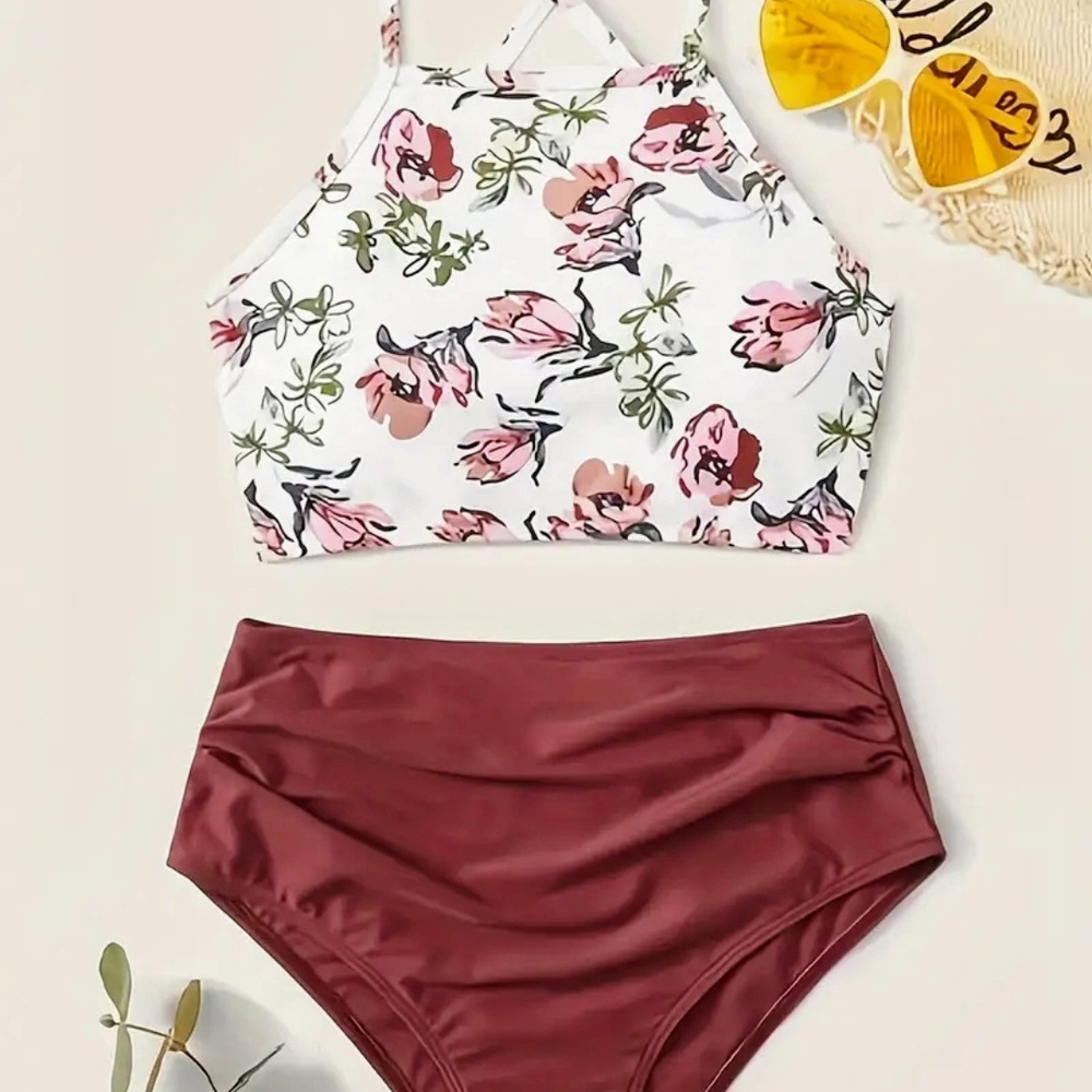 Floral High-Neck Bikini Set